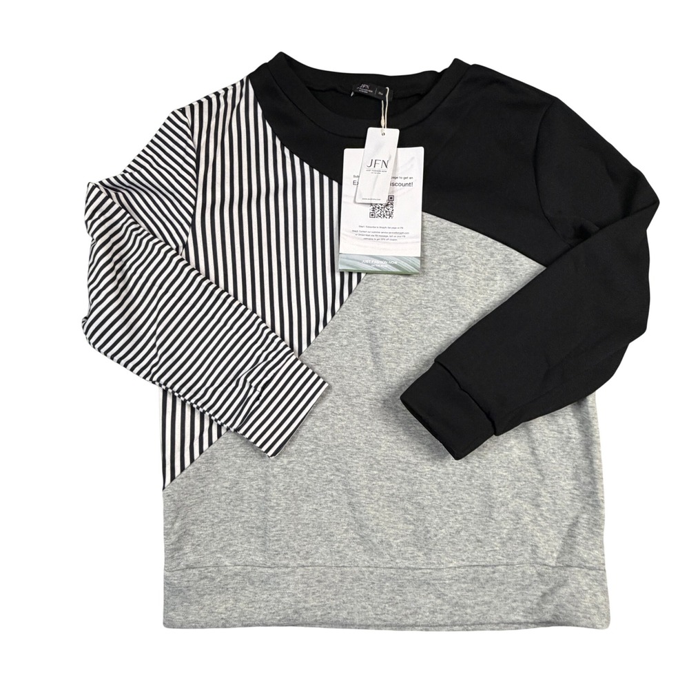 NWT Just Fashion Now JFN Colorblock Striped Sweatshirt Top Black Grey White Larg